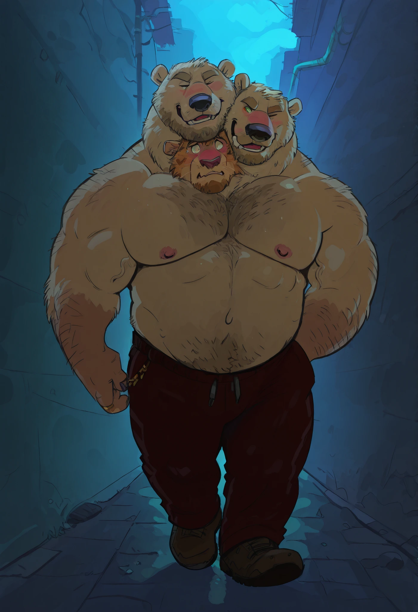 (hairy manly fat polar bear and nerdy muscle tiger and bull stitched together), shared flesh, falling, in pain, stitched together, dark alley, night, very high quality, pants, half white fur half orange fur, ((two heads one body)), conjoined, walking, adult, (best quality, detailed, 4k), teasing, spookeedoo, blushing, teasing, wide shoulders,