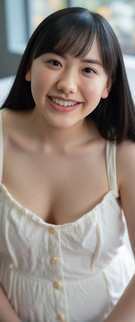 A close-up shot of a blonde-haired girl lounging on her plush white bed, with a soft pink tank top hugging her curves. Her bright smile and sparkling eyes catch the camera's attention as she laughs openly, her breasts subtly peeking out from under the tank top's gentle slope.
