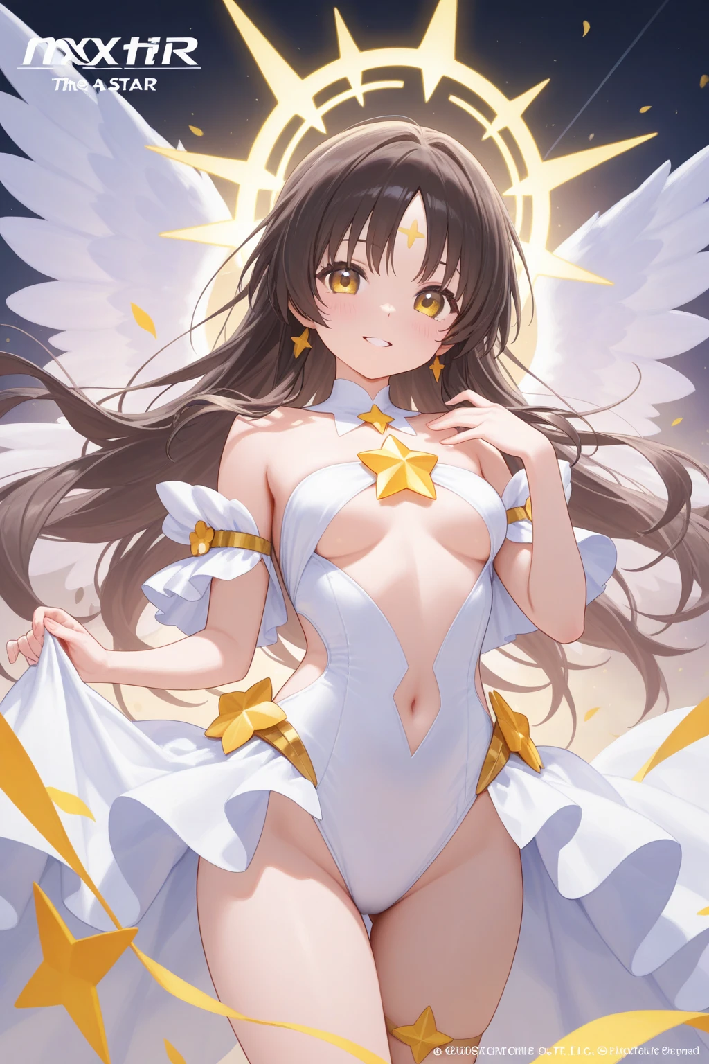 (((1girl))), ((best quality)), ((masterpiece)), ((ultra-detailed)), (illustration), (detailed light), (an extremely delicate and beautiful), (beautiful detailed eyes), (sunlight), ((extremely light)), ((extremely clothes)), (((hyper detail)))
(((adorable white lingerie))),
wavy long hair, ((((dark brown hair)))), ((long hair)),
(((deep orange eyes))),
((angel)), (((angel wings))), ((angel halo)),
(((whole body))), aged 13 to 16,
(((extra adorable))), (((extra slender shape))),
(((extremely beautiful detailed face))),
(mischievous smile with sexual satisfaction), (adorable smile),
(((condescending expression))),
(((jump up high above the magic circle))), (((((Dutch angle))))),
((())), ((from below)),
(((extremely thin thighs))), (((white stockings)))