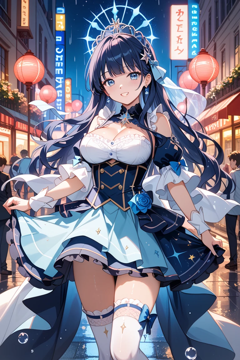 One Girl、My name is Mei、Gazing at the audience。 outside、野outsideコンサート、屋outsideコンサート、heavy rain、Soaking wet and see-through outfit、(outside、heavy rain、heavy rainでびしょ濡れの野outsideコンサート、The costume is see-through)、Beautiful Blue Eyes、Black Hair、Pink striped hair、bangs、Shoulder-length hair、Mole under the eye、Plump and glossy lips、Heart-shaped choker、Idol、smile、heavy rainでびしょ濡れになっている、野outsideステージ、ー、。。。。。。。。。。。。。。。。。。。。。。。。。。。。。。。。3D、Real、 dance team uniform, masterpiece、Highest quality、8k、Detailed skin texture、Detailed cloth texture、Beautifully detailed face、Intricate details、Very detailed、 Ultra-high resolution、8K Ultra HD、Film Grain、Best Shadow、delicate、Gazing at the audience、front