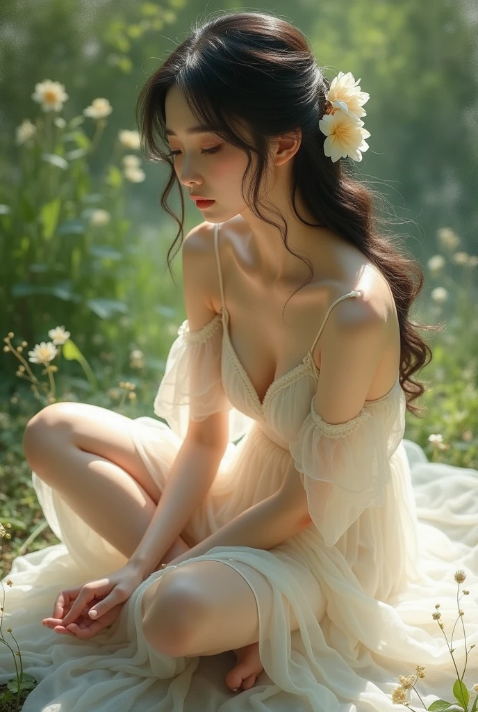Best quality, masterpiece, ultra high res, (photorealistic:1.4), raw photo, 1girl, white dress, off shoulder, blossom flower field, glowing skin