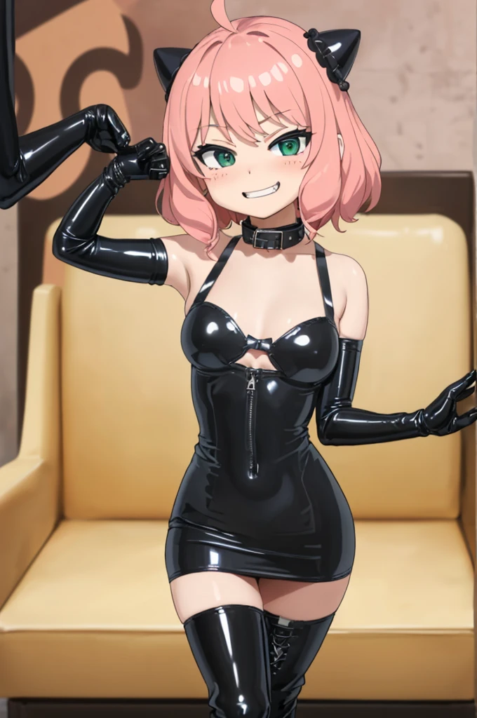 (((chibi:1.6 )))、(((Lori:1.6)))、(((Child body type:1.6)))、(((low length:1.6)))、(((3 heads:1.8)))、Slightly chubby、School classroom、girl1 人、solo、(((Black latex elbow gloves:1.4 )))、(((Black latex corset dress:1.4)))、(((The corset dress is decorated with beautiful lace.)))、(((Corset dress with shoulder straps)))、(((Black latex tight mini skirt:1.4)))、(((Black Thigh Boots)))、(((Black fishnet stockings:1.2 )))、(((Stiletto heels:1.4)))、(((Black latex panties)))、(((Black latex bra)))、(((Black leather collar)))、(((Sexy pose:1.4 )))、Wide-open legs:1.2、(((Erotic)))、(((Cowboy Shot)))、(((Sexy pose)))、Spread your legs、(((erotic)))、(((Cowboy Shot)))、highest quality, Tabletop, High resolution, alone、Pink Hair、Hair ornaments on both sides、Short Bob Hair、Green Eyes、girl、bangs、Ahoge、Anatomically Based Perfect Body、Two perfect anatomical arms、Two perfect anatomical legs、Perfect Fingers、Wicked Smile、Grin、Frowning、blush:1.4