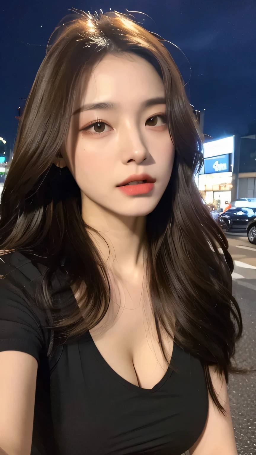 (Best quality, High resolution, Masterpiece :1.3), A pretty woman, Slender figure, Dark brown hair, T-shirt, (Street in city at night), Highly detailed face and skin texture, Detailed eyes, Double eyelid