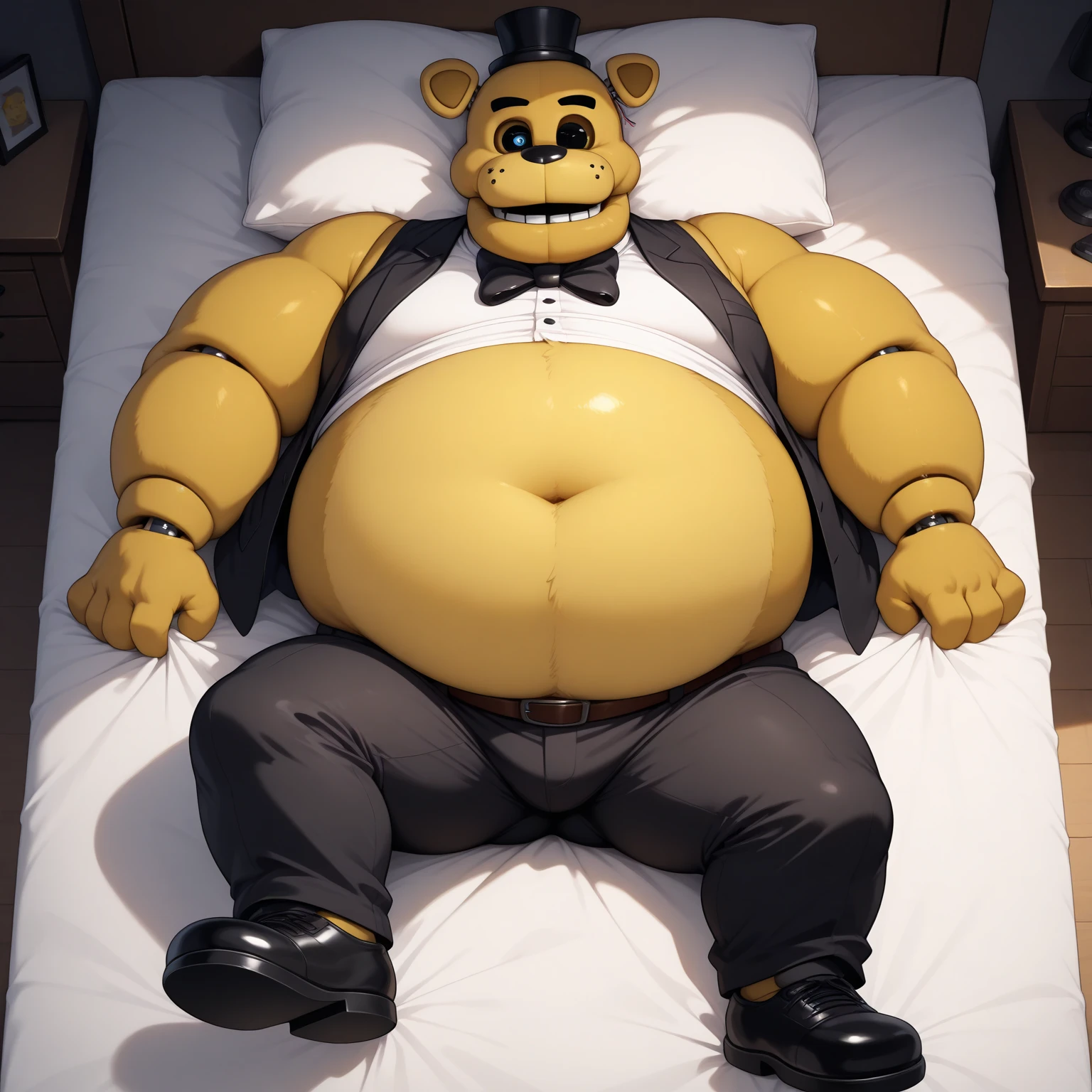 Fat Huge Daddy Furry Freddy Bigger Belly and large chunky body and big furry Belly sitting on the sofa wearing Black shorts