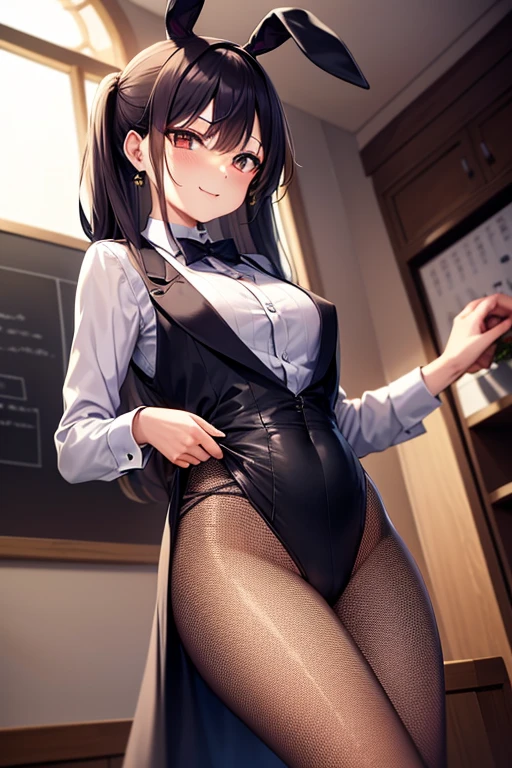 1girl, classroom, cowboy shot, smile,
yuzuki_kaede, brown eyes, brown hair, long hair, , quality, masterpiece, highres, , red choker, (black playboy bunny), (black fake rabbit ears), (black pantyhose), (black high-heels), cafe、長い脚、長い足