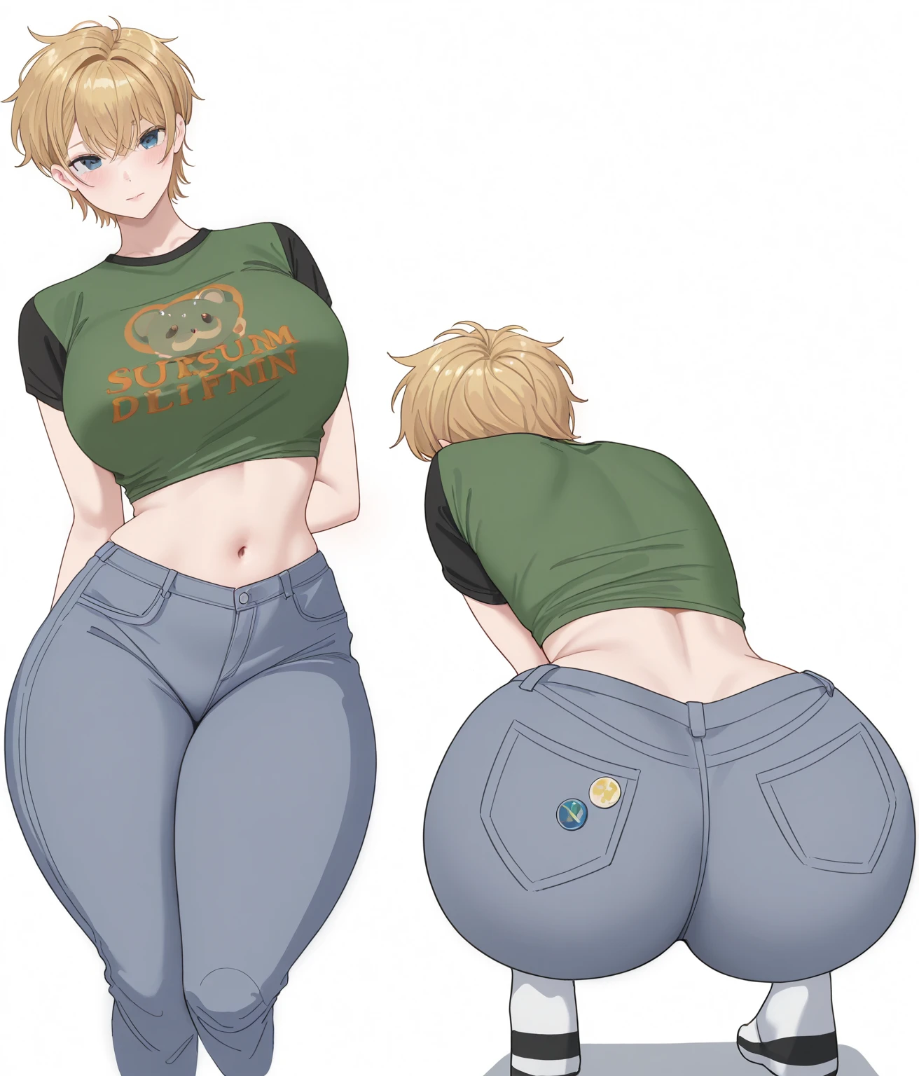 Muscular Woman, defined body,Voluptuous body,Black tank top, Green long army pants, Brown military boots, Wicked Smile, Orange spiky hair, short hair, Yellow Eyes, nsfw,Big Ass