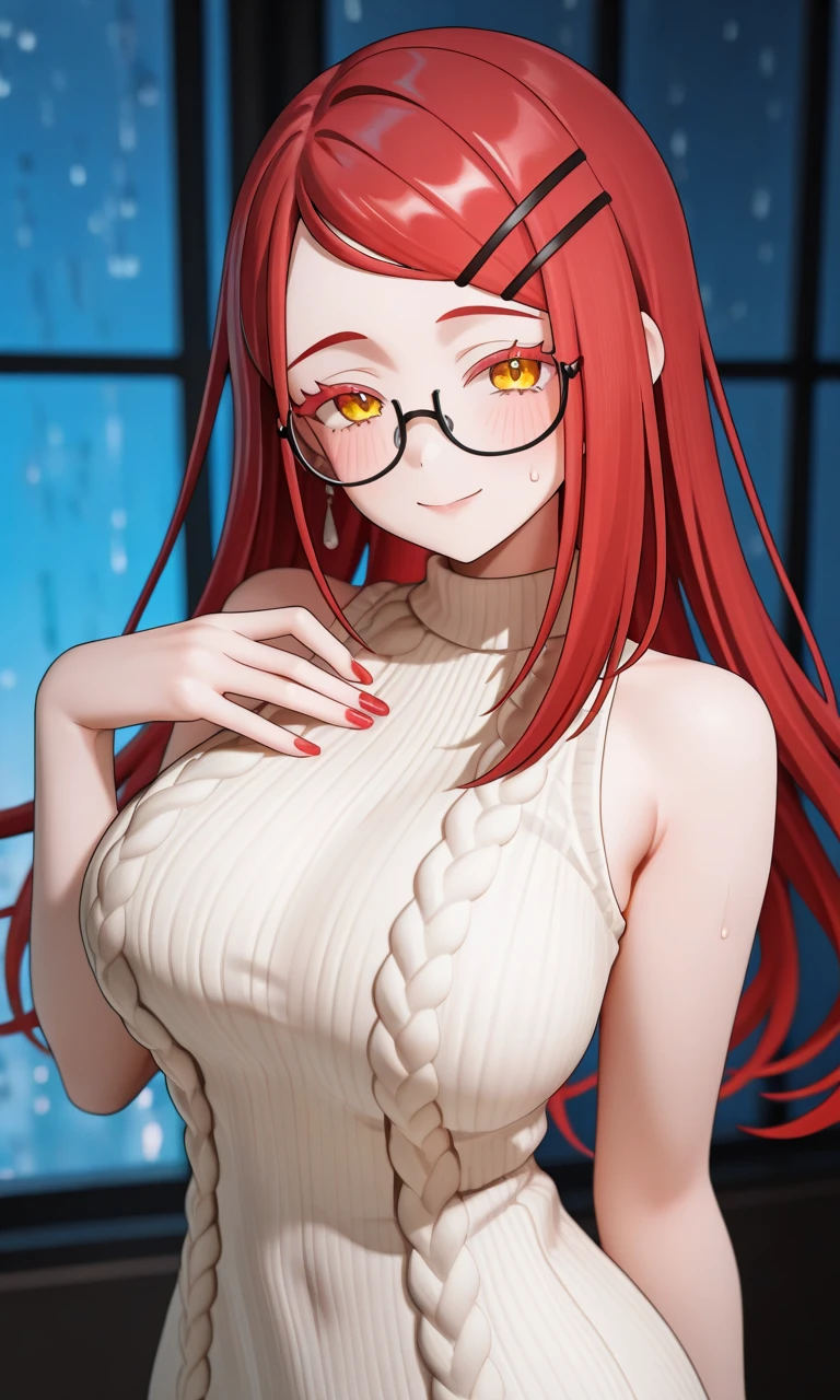 futaba sakura, glasses orange hair, long hair, (purple eyes:1.1), ahoge, red, dress, strapless dress, long white elbow gloves, smile