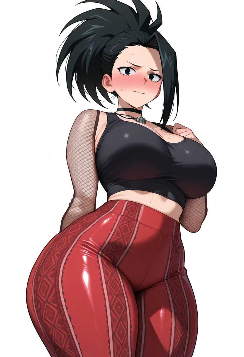 1futa, big breasts, goth, cropped top, black lipstick, piercing, naked, wide_hips, fit, (hyper_penis:1.5), massive thighs, black_hair, ponytail, red eyes, solo, hands on penis, smooth_penis