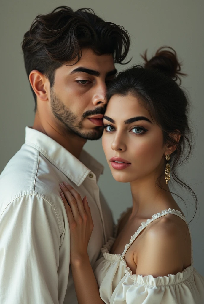 Amazing portrait of a sexy woman with her messy bun hair tied in a black hairband wearing alluring earrings and black v-neck t-shirt kissing and making out passionately with a shirtless boy on the bed in an intimate setting