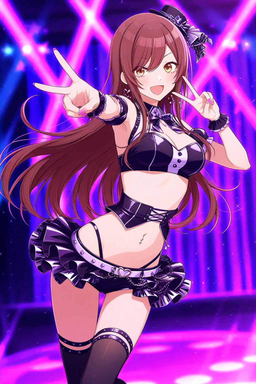 Illustration, Movie Light, High Resolution, Best Quality, Ultra Detailed, Detailed Face, (Detailed Eyes), Best Quality, Ultra Detailed, Masterpiece, (Detailed Face), Pretty Face, Best Smile, Sexy Mature Woman (Oversized Pop Art Jacket, Mini Underboob Tea, Slim Waist with Open Navel, Denim Skirt with Buckle Belt: 15) Cloth, D Cup, Cleavage: 2, Floating Cross, See-through, Choker, Open Cross, NSFW, High Heels, Red Eyes, Neon Small Glowing Hair Edges, Mesh Hair, AI Fantasy Concert, Idol, Glowing Lighting with Neon Details, Dark Magic 💕, (Live Stage: 1.15) To the audience in the background, singing with the buttocks sticking out: 5, light reflection, heart-shaped iris, playful eyes, open shoulders, rain, (wet body), small shiny butterfly, hair jewelry, panties, (cute embroidered white string panties)