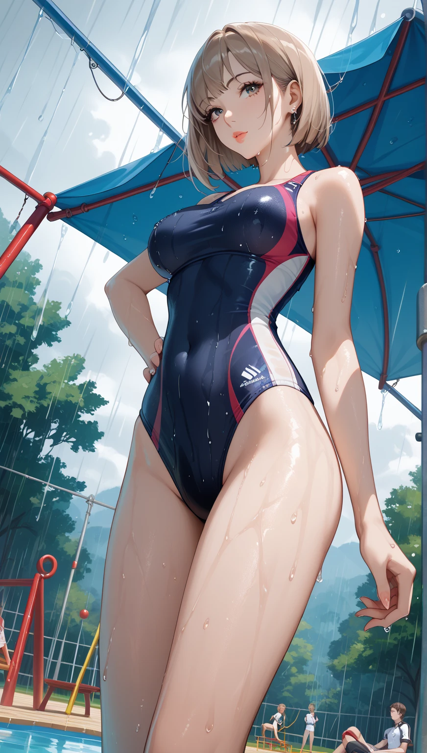 Yo Watanabe, Issei Watanabe, short hair, blue eyes, Brown Hair, smile, Grin,Swimsuit,barefoot,whole bodyがイラストに入る,Wet Hair,Wet swimsuit,Wet Skin,Walking,
break outdoors, プール
break looking at viewer, whole body,
break (masterpiece:1.2), Highest quality, High resolution, unity 8k wallpaper, (shape:0.8), (Beautiful attention to detail:1.6), Highly detailed face, Perfect lighting, Extremely detailed CG, (Perfect hands, Perfect Anatomy),