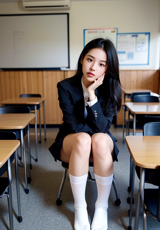 (whole body:1.5),(Watching the audience:1.4),(Correct Anatomy:1.3),(That day in paradise:1.3),(Wearing extra thick printed pantyhose, JK student uniform printed pleated skirt and JK uniform leather shoes,And lots of jewellery :1.3), (Sit on a chair:1.3),(In pink|yellow|Blue color|green|red|White color|Black in color|Purplish color|grey|beige|Skin color 1.4),,(Accurate and perfectly beautiful face:1.4),(Clothing gloss:1.25),(Skin Reflection:1.25),Hyper HD, Ray Tracing, reflected light,Structurally correct, Award-winning, expensive詳細, Light and dark contrast, Facial lighting,Cinematic Lighting, Masterpiece, Super Detail, expensive、expensive品質, expensive詳細, Best quality, 16K,High Contrast,Unprotected lower body, NSFW