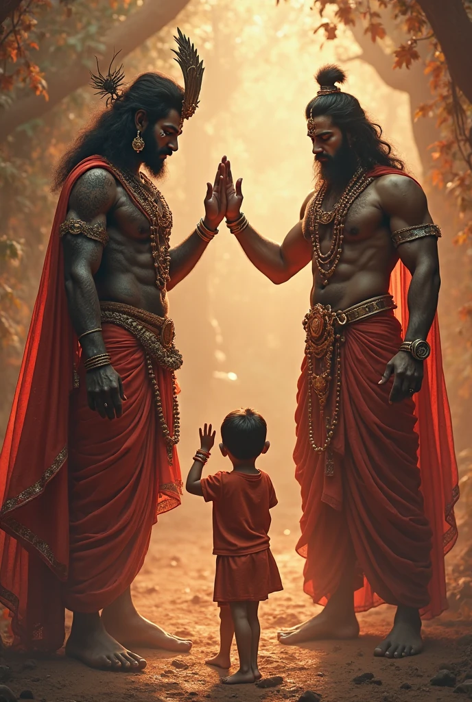 Make a hanuman with ram jii and a boy praising to him and mahadel blessing him
