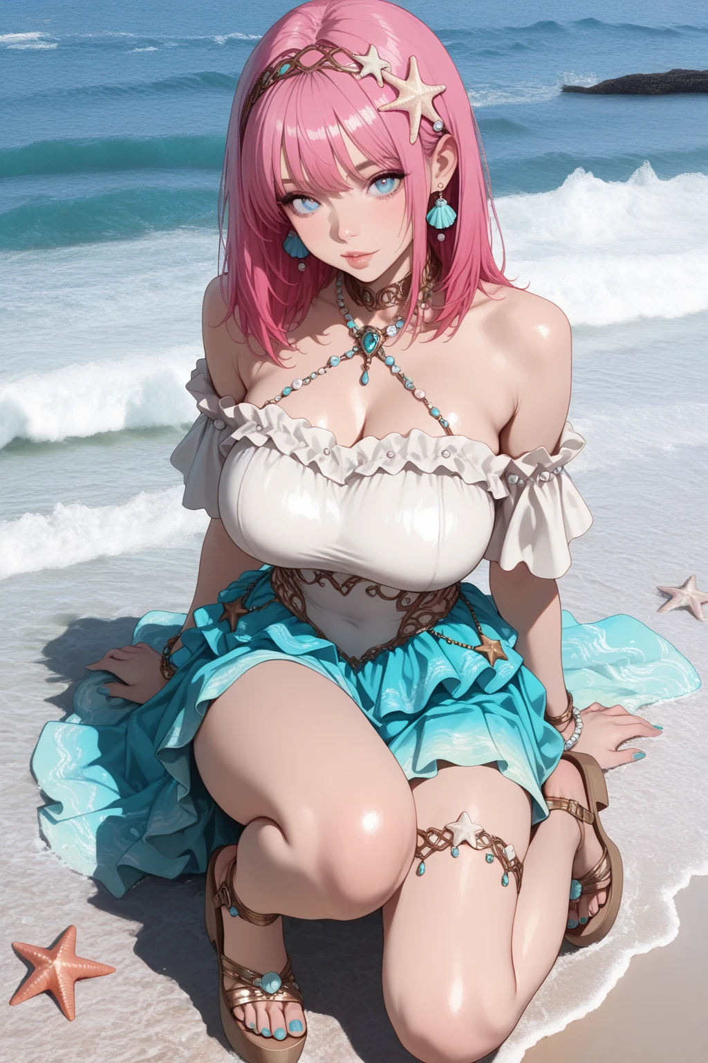 ((Highest quality, 8k, masterpiece :1.3)), (Sharp focus :1.2, Beautiful woman with perfect figure :1.4, Slim Abs), ((Big Breasts, Emphasize cleavage:1.2)), (Photorealistic:1.4), (realistic:1.4), (Pink Hair:1.5), Highly detailed face and skin texture, Fine grain, double eyelid. Makeup face, A little bit of lipstick, sex appeal, Sexy gravure pose, ((Sexy girly beauty in orange frilly top and white shorts。Sitting on the sand at the beach、Smiling pose at the beach。Shell necklace accent。:1.3)