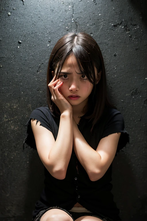 A 10-year-old girl,Hide in a corner,Eyes filled with tears ,realistic face, facing the camera,medium long shot