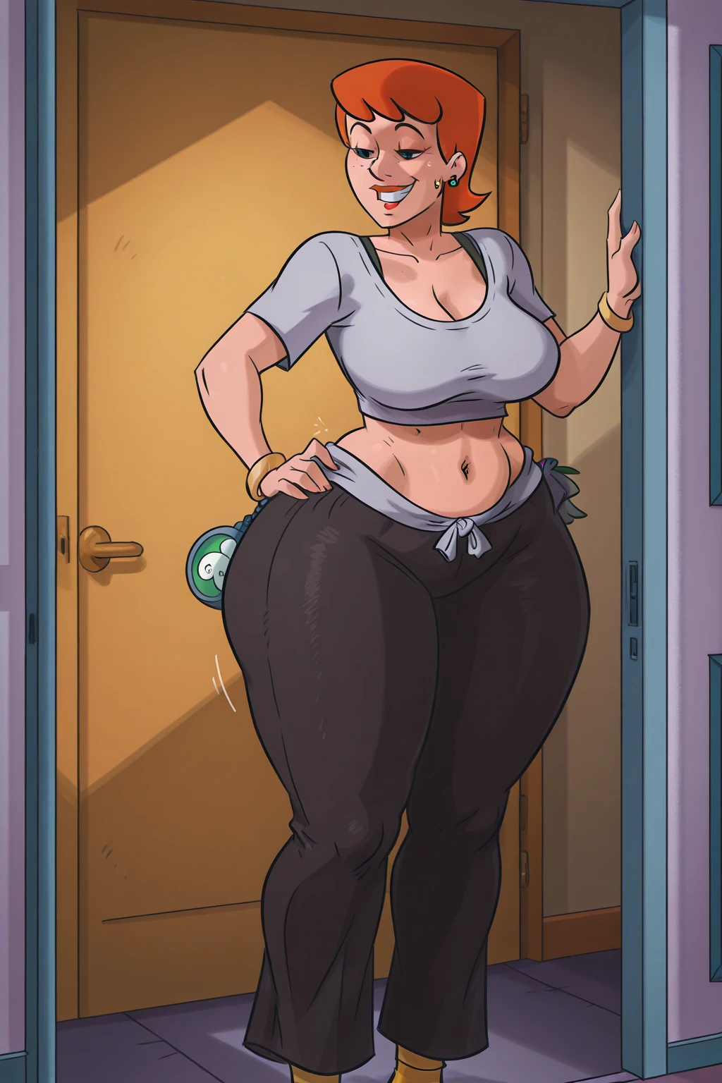 , young woman standing looking at viewer, blonde hair, blue tshirt, blue yoga pants, cameltoe, large breasts, solo , full body,((pee stains, wetting self, puddle))