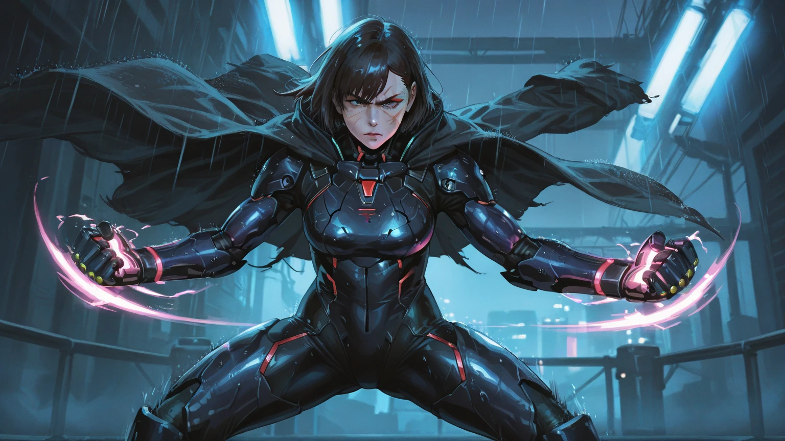 A powerful techno fighter wearing a tight-fitting dark blue tactical ...
