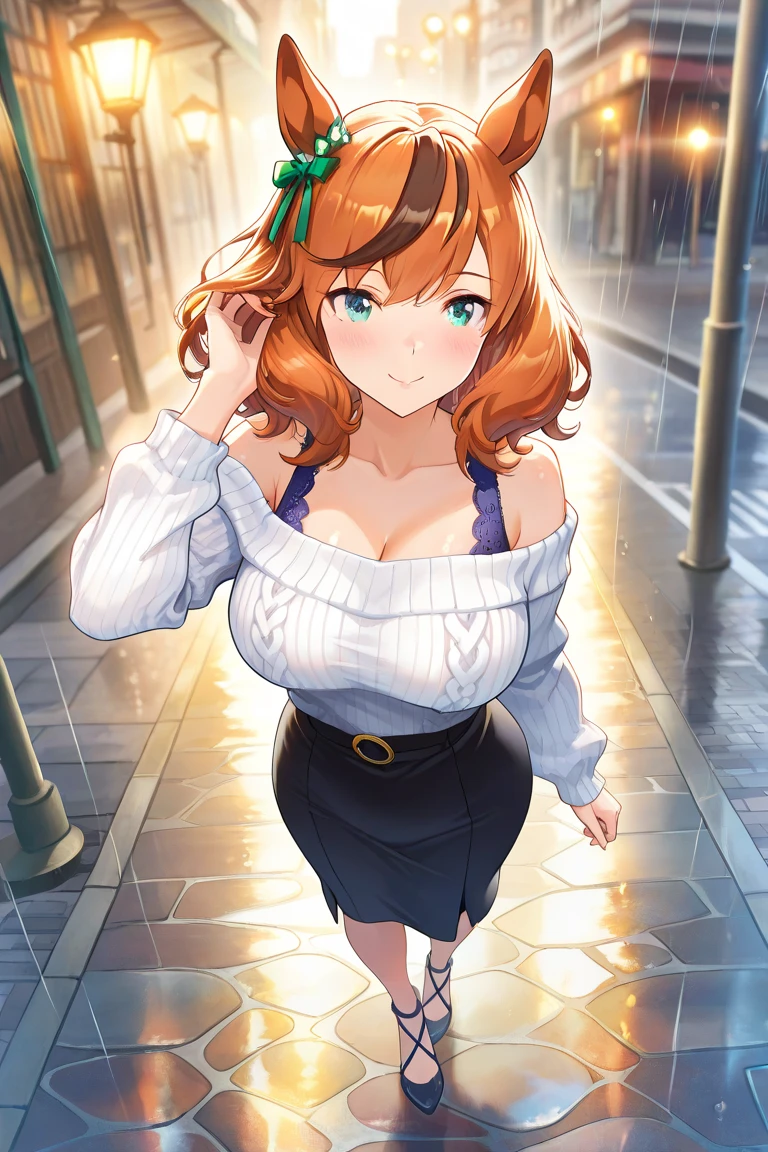 ((super high quality,))((Ultra-high resolution,))(16K,)(super masterpiece,)((Ultra HD ,))(Detailed shading,)Looking up from directly below,One sexy woman,Brown short hair bouncing out,popped Tight collar Yellow shirts,Unbutton your shirt down to your chest,Long sleeve,Cleavage,Black tight skirt,Crescent-shaped earrings,Crescent Necklace,Ecstatic smile,blush,Lean forward diagonally,Put one hand on your head,Night sky with moon and stars,