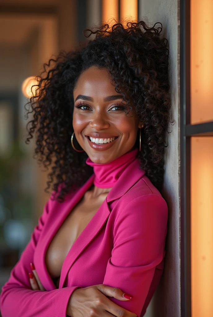 Woman with afro hair wears pink holds a pink ribbon on her chest for Breast Cancer Awareness Month, Cancer campaign, fita rosa