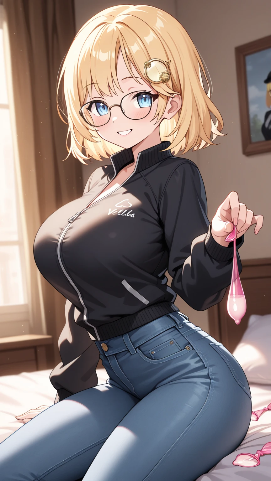masterpiece, best quality, 1 girl, (15 years old),Brown sweater, denim hot pants, and black tights,yellow hair, short hair, hime cut, blue eyes,{{smug}}, {glasses}, {{big breasts}},