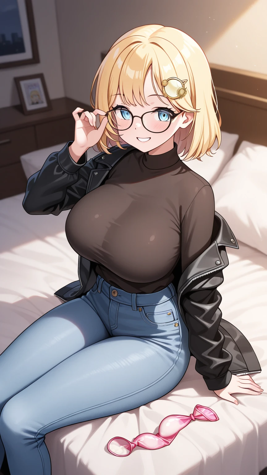 ((Masterpiece)), perfect anatomy, perfect shading, field of depth, (best quality), extremely delicate and beautiful, perfect lighting, detailed face, ultra cute face, cute, (cowboy shot 1.2), from side, full body, (((1girl))), ((solo)), looking at viewer,
short hair, fluffy hair, blonde hair, blue eyes, Glasses, ((Blush)), shy, nervous, (black turtleneck sweater 1.5), (jeans 1.2), belt, extremely tight clothes, medium breasts, ((wide hips)), ((thick thighs)), ((chubby)), chubby belly
coffee shop, intricate background, detailed background,