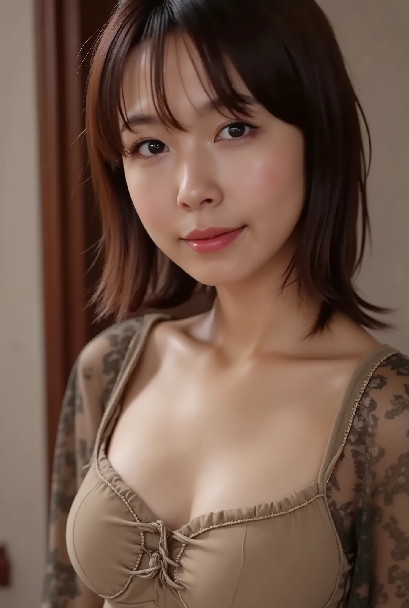 highest quality、Ultra-high resolution、(Realistic:1.4)、((Beige bra and panties))、beautiful目、Realistic skin texture、Japanese women、40 years old、 Highly detailed face、Detailed lips、fine grain、double eyelid、Natural Makeup、(Kind eyes)、(Beautiful woman)、Perfect balance、Short hair in small tangles、beautiful、Bedroom、((smile))、((Very soft breasts))、((Realistic skin type))、((Realistic Skin))、