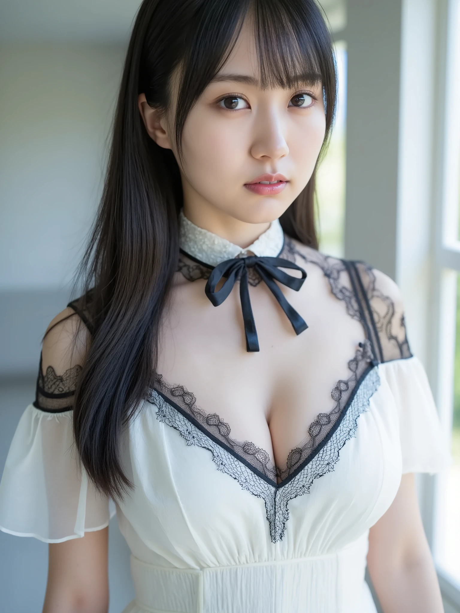 brightexpression、photorealistic stick:1.32、highest quality、超A high resolution、Photos of the most beautiful Japan girls、cute and beautiful face details、small face、(Pueros face_V1:0.008)、Beautiful bangs、14 years old、Brilliant white skin、hair gets tangled in face、Bangs that reach down to the face、bangs、hair between eyes、super long hair、charming brown silky hair、bright、Clear light blue eyes shine charmingly、ample breasts、Dynamic poses highest quality、disorganized、((the cutest girl in the world))、Japanese、14 years oldの女の子、Cafe、((lace dress:1.3))、(half up hair:1.3)、(tie with a thin ribbon)、nice and cute、innocent smile、nice smile、cleavage、(big breasts:1.3)、ponytail、brown hair、thin waist、detailed beautiful eyes、face forward、Upper body、close up of face、Front view、