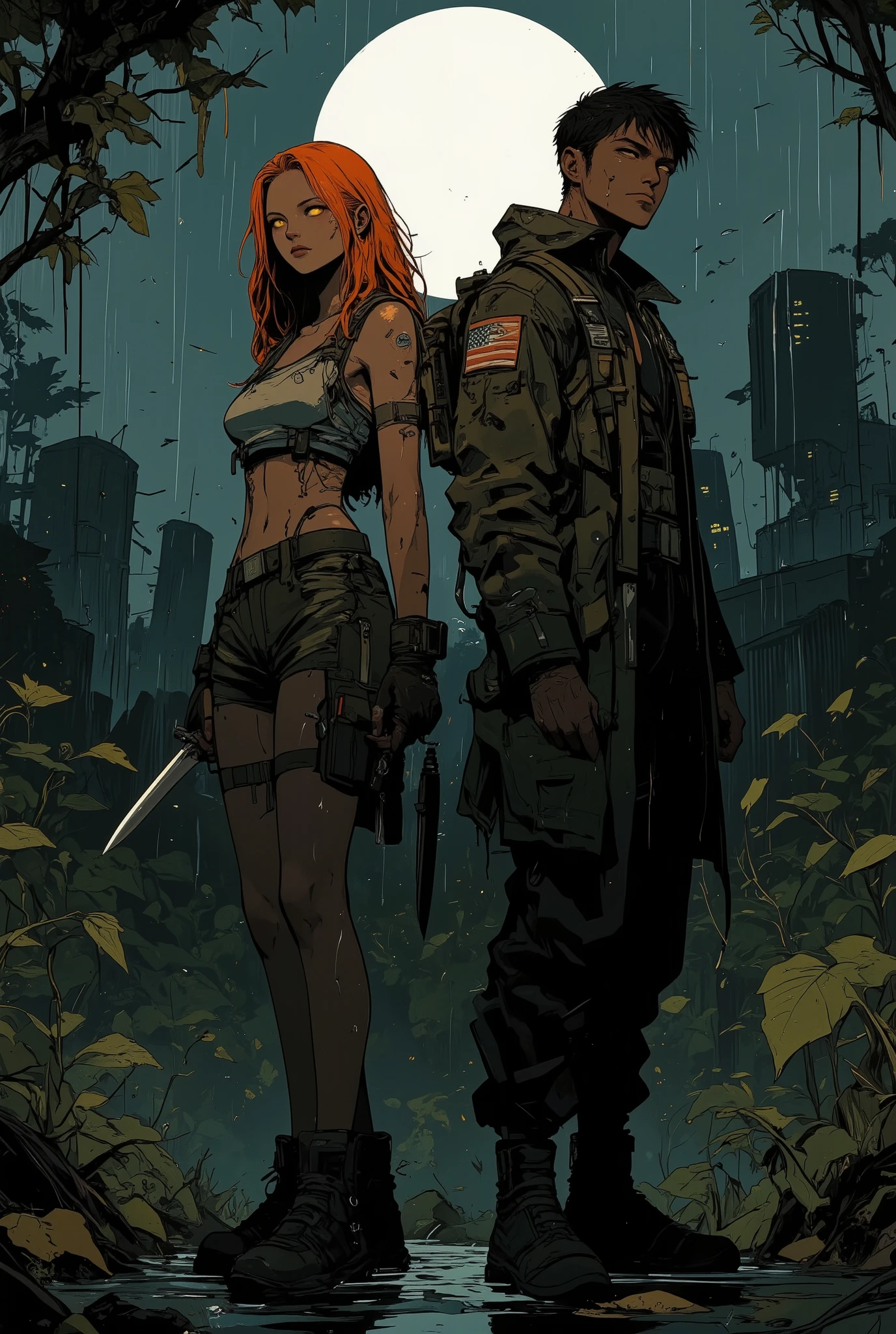 An anime-style military girl standing back-to-back with her male counterpart, both in a dark, rainy forest at night under the full moon. The girl has long, flowing, fiery orange hair and glowing yellow eyes. She wears a short camo-patterned military short that highlights her curvy hips and toned legs. Her upper body is dressed in a small sleeveless camo vest, unzipped and open, revealing a tight, short, white shirt underneath—soaked and clinging to her sculpted body due to the rain. She is holding a combat knife in one hand, with water running down her skin. She's wearing rugged military boots. Her expression is fierce and focused. The background is a misty moonlit jungle with dripping leaves and glowing water puddles, creating a cinematic tension. Her male counterpart mirrors her pose with a similar athletic body and matching camo gear, rain trickling down their forms, lit subtly by the moonlight. Hyper-detailed lighting, anime realism, dramatic scene composition, rain effects, cinematic mood.