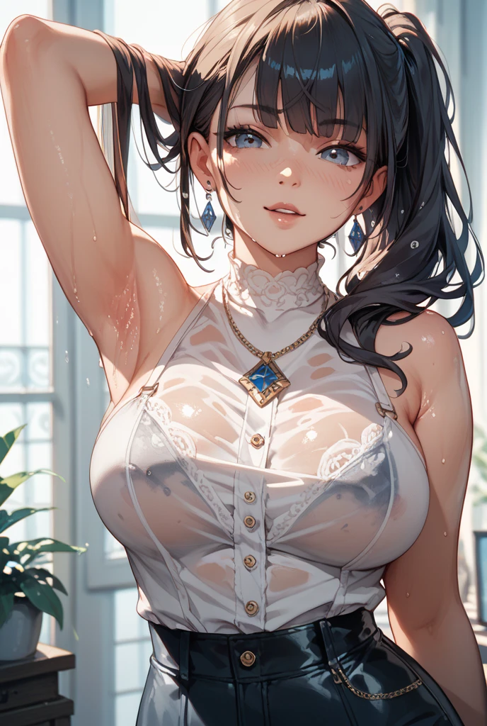 (Best quality, 8k, 32k, Masterpiece, UHD,:1.2),RAW, 1girl,ultra cute , natural lighting,transparent shining eyes, 20yo, large breast ,fair complexion, large breast,  flushed face, Bridal Lingerie, This costume combines the elegance of a bridal gown with the allure of lingerie, with a ivory lingerie set featuring a delicate corset-style top adorned with intricate lace details and adjustable straps, Pair it with matching a lace thong embellished with floral appliques, Layer on a sheer, floor-length bridal robe made from ethereal chiffon , Cowboy shot