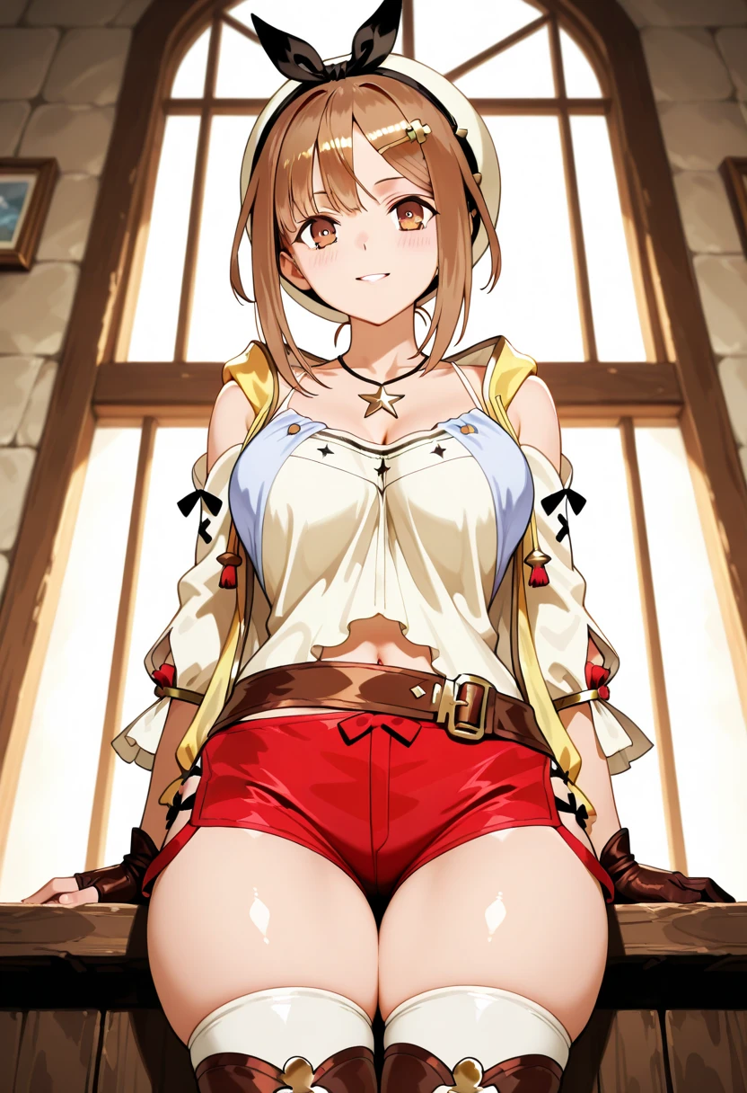 masterpiece,hentai anime character, I'm straddling a man's crotch, Ryza having intense cowgirl sex, (((Aggressive vaginal sex: 1.2))), favorite,Bounce and shake wildly,, 32K,Super detailed,Ultra-detailed,Big Breasts, Vibrant breasts, Short brown hair, shirt, Shorts, Red shorts, White Beret, Black knee socks, Ryza outfit, loungewear, {{A biological weapon that preyed on the sleeping Ryza and transformed into her appearance, Big bouncing}}, Shake violently, Overall view, Town, NSFW