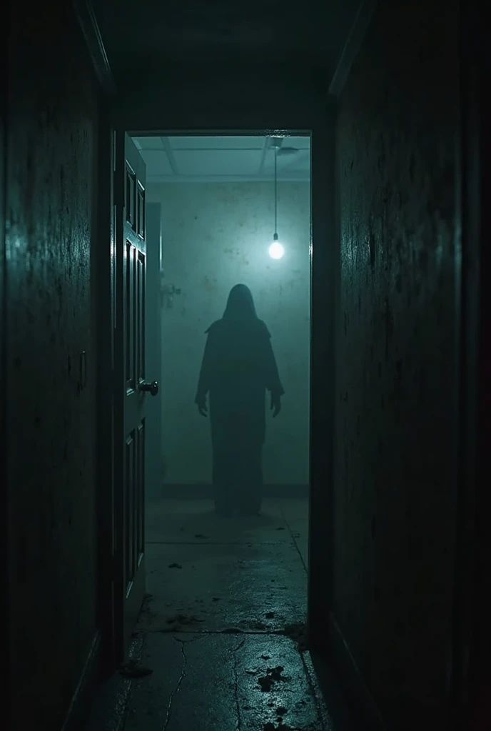 A podcast titled in Spanish &quot;stories of the night&quot; a shadow at the end of a hallway with lights shining with a bulb that turns on and off that says with the title &quot;stories of the night&quot; changes the word &quot;stories&quot; to &quot;stories&quot;