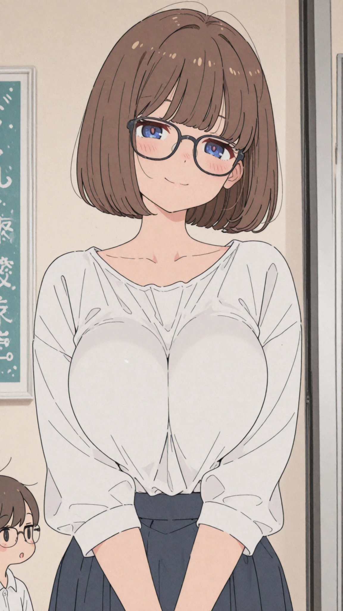 high quality、16K、((huge breasts)), nsfw, parted bangs hair, restrained, blush,short hair, brown eyes,brown hair,spread your legs,adult women,(arms behind head),Sweat、Hopeless、(((I'm surprised)))、Sleeveless purple ribbed sweater、((a pale pink panty))、Glasses、office、(Forehead)