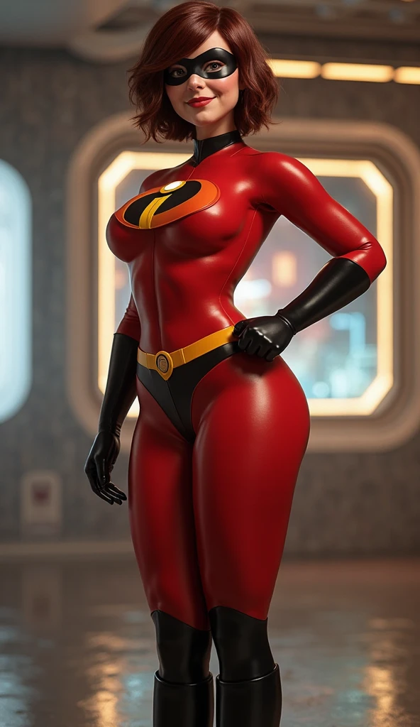 Helen Parr, front view, exposed breasts, bc elastigirl, naked vagina:1.3, location is superhero lair, short bob haircut, auburn hair, red outfit, black thigh high boots, shiny, nude:1.4, (((retro futuristic))), 1950 style, sci-fi, visible breasts, visible nipples:1.4, she is almost naked, ultra detailed, perfect face, perfect skin texture, depth of colour to her eyes, dynamic lighting, volumetric lighting, 8k, visible vagina:1.5, narrow waist, very wide hips, muscle tone, very defined triceps