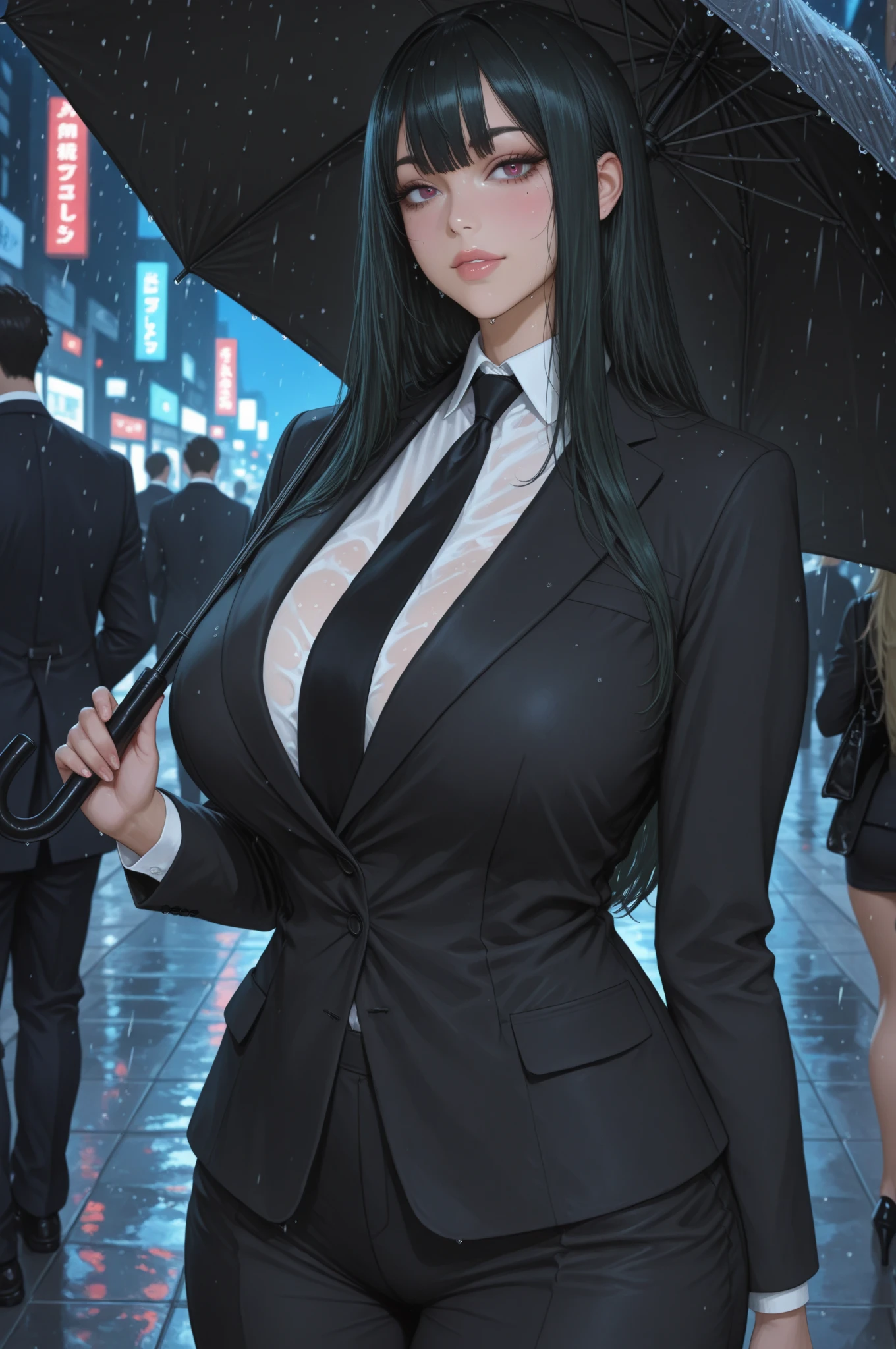 ((best quality)), ((Masterpiece)), (details:1.4), milf, black hair, long hair, big breasts, Suit, black short skirt, หน้านิ่ง, Street background, at night, best quality, 4K, Realistic picture, (cinematic lighting, moody, textile shading), รอยแผลเป็นบนหน้า, gangster,