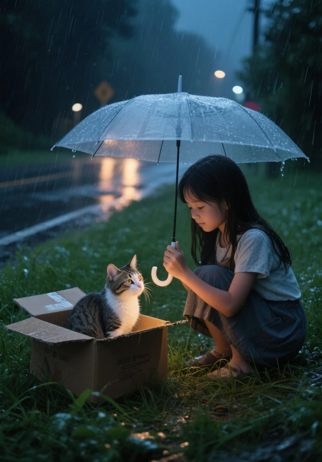 (Umbrella, rain), Encountering after the rain, the drizzle has just stopped. On the wet slate road, a young girl squats down and gently caresses a suddenly appearing kitten. Its wet hair gradually dries out, and its eyes show gratitude and dependence, (Photography), award-winning, cinematic still, emotional, vignette, dynamic, vivid, (masterpiece, best quality, Professional, perfect composition, very aesthetic, absurdres, ultra-detailed, intricate details:1.3)