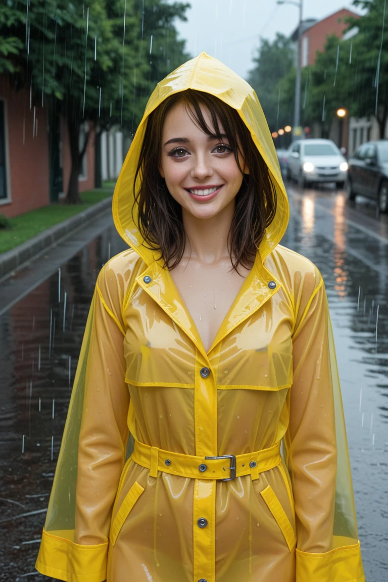 1 girl, photorealistic, realistic, ugly:1.3, Ingush woman. (((she has a sleek bob medium length short hair)))), wide forehead, Durdzuks facial feature, Durdzuks forehead, 30 year-old-woman, Let your face light up with a wide smile, crinkling your eyes at the corners and showing off your teeth. Radiate happiness and warmth, (((nudity))), (((she is fully naked))), (((she is looking at the camera smiling))), (((dynamic pose))), boobies, (((A woman stands on a rooftop. In the stillness of a rainy day, she stands seductively, wearing an open color yellow raincoat. Her naked body is exposed)))