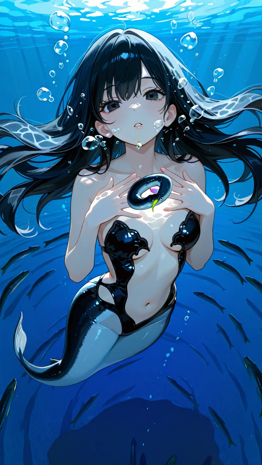 Green beauty anime slippery thigh swimsuit black silk underwater