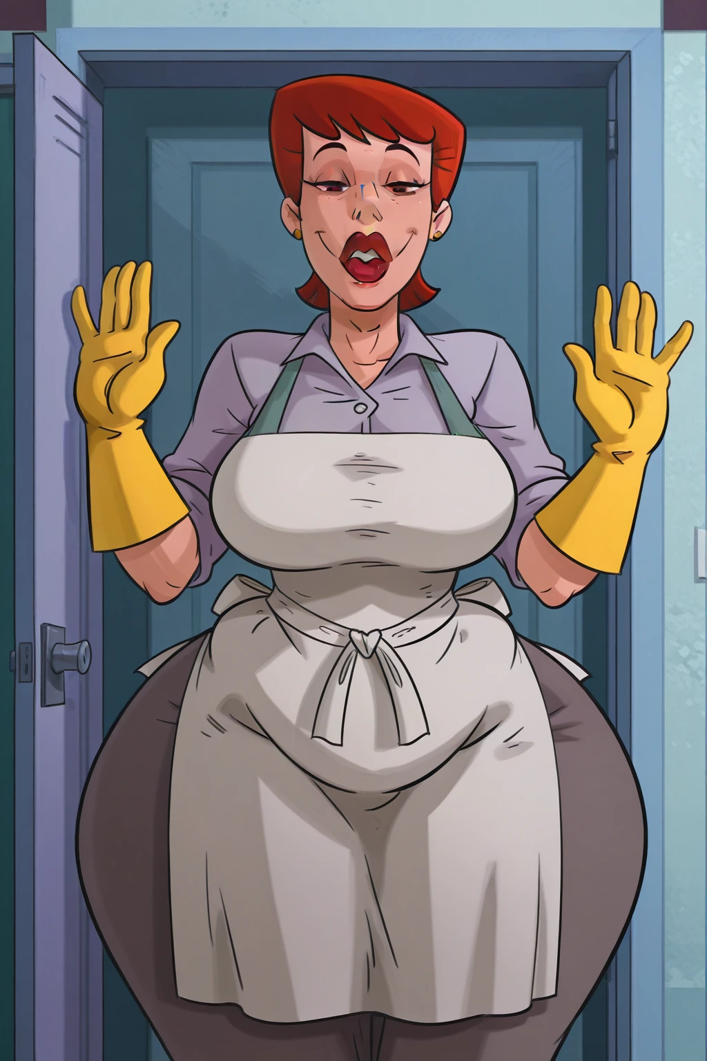 dextersmom, linda milf, Floor cleaning, ((on his knees)), short and messy redhead, kind smile, ((red lip gloss)), large blue eyes,((long eyelashes)), ((Ruddy face)), ((Alone wearing a white apron with a completely naked body.)), perfectbody, busty, ((Waist slender)), perfect legs, ((thick-thighs)), perfect big ass, ((yellow gloves)), details Intricate, work of art, best qualityer, ultra HD, 8k, ((plain background:1.3)),