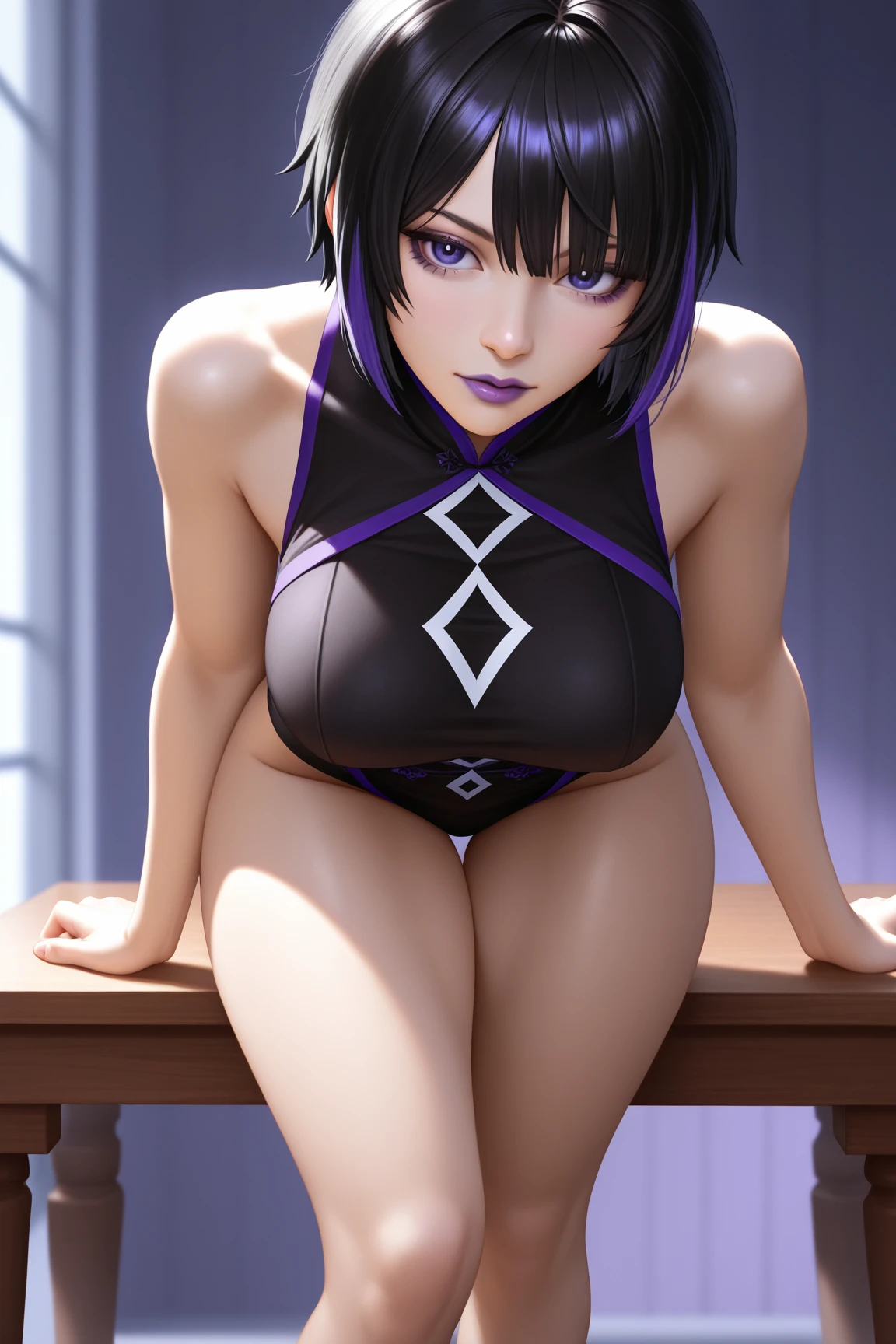 Best Quality,8k,high resolution,Masterpiece:1.2), (ultra detailed), (NSFW not safe for work art), (little basterbine girl) (Bleach Settings), (pose sexual), (realist,photorealist,photo-realist:1.37), (HDR,HD), (portrait), (vivid colors), (long legs), (clearly elongated face), (Hermosos detailed eyes), (purple eyes profundos), (beautiful detailed lips), (extremely detailed eyes and face), bright Eyes, purple eyes, Dynamic angle and posture, soaked in sweat, perspiration, undressing (long eyelashes), (cabello largo between eyes color negro), (sharp focus), (physically based rendering), (BIG BREASTS) (open legs), (intense), (expression of intense desire), (motion blur), (elegant), (slim figure), (anime inspired), (bright lights), (sexual), (contrasting colors), (mysterious atmosphere), (action packed scene), (Unique style), (striking), (Handsome), (evocative), (expressive), (Intriguing atmosphere), (giant breasts:1.2) ((Best Quality)),((Very detailed)),Masterpiece,absurdities,detailed face,beautiful face,(detailed eyes, deep eyes),(1 girl),((dynamic pose)), erotic lingerie