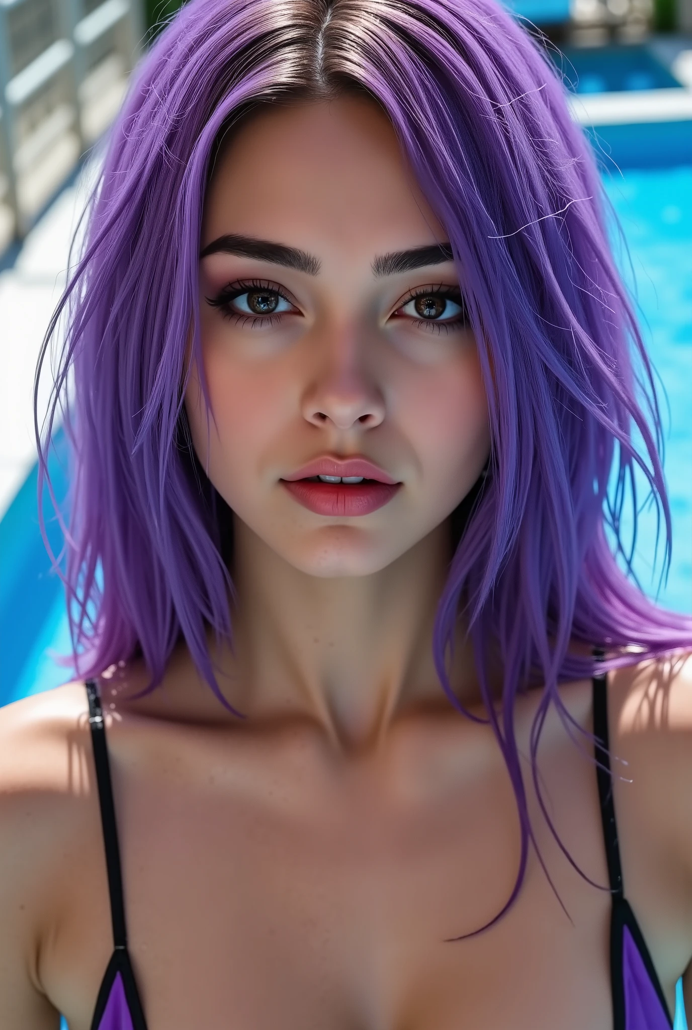 Realistic (Photorealistic realism 16K quality), ((ultra insanel quality, professional extremely detailed digital art)), ((focus on extremely Realistic Proportion Body, Anatomically Correct:1.2)), Beautiful Girl, ultra details, UHD, ((sharp focus, no blurry eyes, high resolution, absurd quality, Realistic brown_eyes:1.4),intricately detail:1.35),((extremely fine details eyes))((extra narrow eyebrows))(extremely fine details pupils).,(ultra realistic texture details: velvety skin, hair),((perfect dark_eyeshadows:1.4)),(apply glossy red_lipstick:1.3),((Beautiful long legs in good style:1.35)), ((no bra, no panties:1.3)), (medium butt), (skinny body build),(perfect hot model body:1.4), ((slim belly: 1.2)), (muscular body), (Beautiful bikini, made of PVC ribbon), ((Micro Slingshot Swimsuit: 1.25)), (Wear Micro Sling Made of (ultra Narrow,, Sparkly neon:1.15), Tight, PVC Ribbon: 1.39), (purple Hair,Long Hair,two side up, bangs,between hair), (Big AquaLoop water slide), (Sunny fun on the AquaLoop water slide), ((wet scene, due to water splashes, (lightning, dynamic pose, beautiful and detailed water-soaked hair, clothes), (water droplets on the body, water flowing from the hair onto the body:1.2)))., (perfect composition),((look at the viewer)),