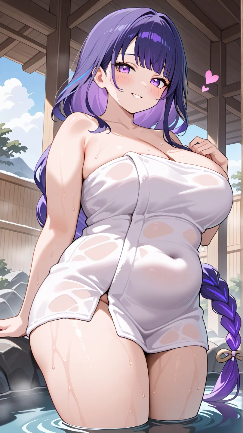 Masterpiece, Raiden Shogun, Genshin Impact, Undressing, Big breasts, wide hips, thighs, Purple Hair, purple eyes, hair ornament, bedroom, purple yukata, nipples, wet, milf, horny, naughty, posing, from below, nipple tweak