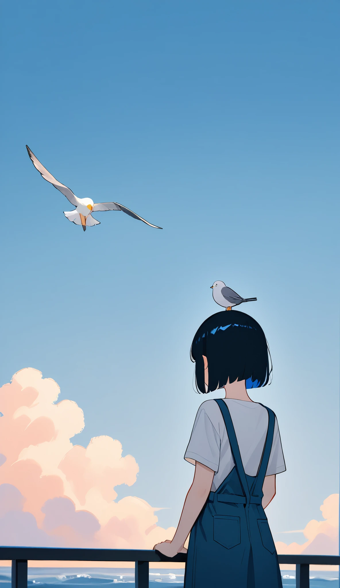 young woman,A clean bob cut,She is standing beneath a blue sky,A white bird on her head、A seagull perches, adding a playful touch to the scene,Her outfit is a simple T-shirt,A bright blue sky in the background,The simplicity of the background makes her figure stand out,Colors reflected on the water、Gentle rippling waves,Create a sense of tranquility,A single bird flies in the sky,Add depth to the composition,The overall atmosphere is calm, slightly comical, and contemplative,Japanese flair,A quiet, intimate moment,A woman hiding her mouth,anime girl, cute aesthetics
