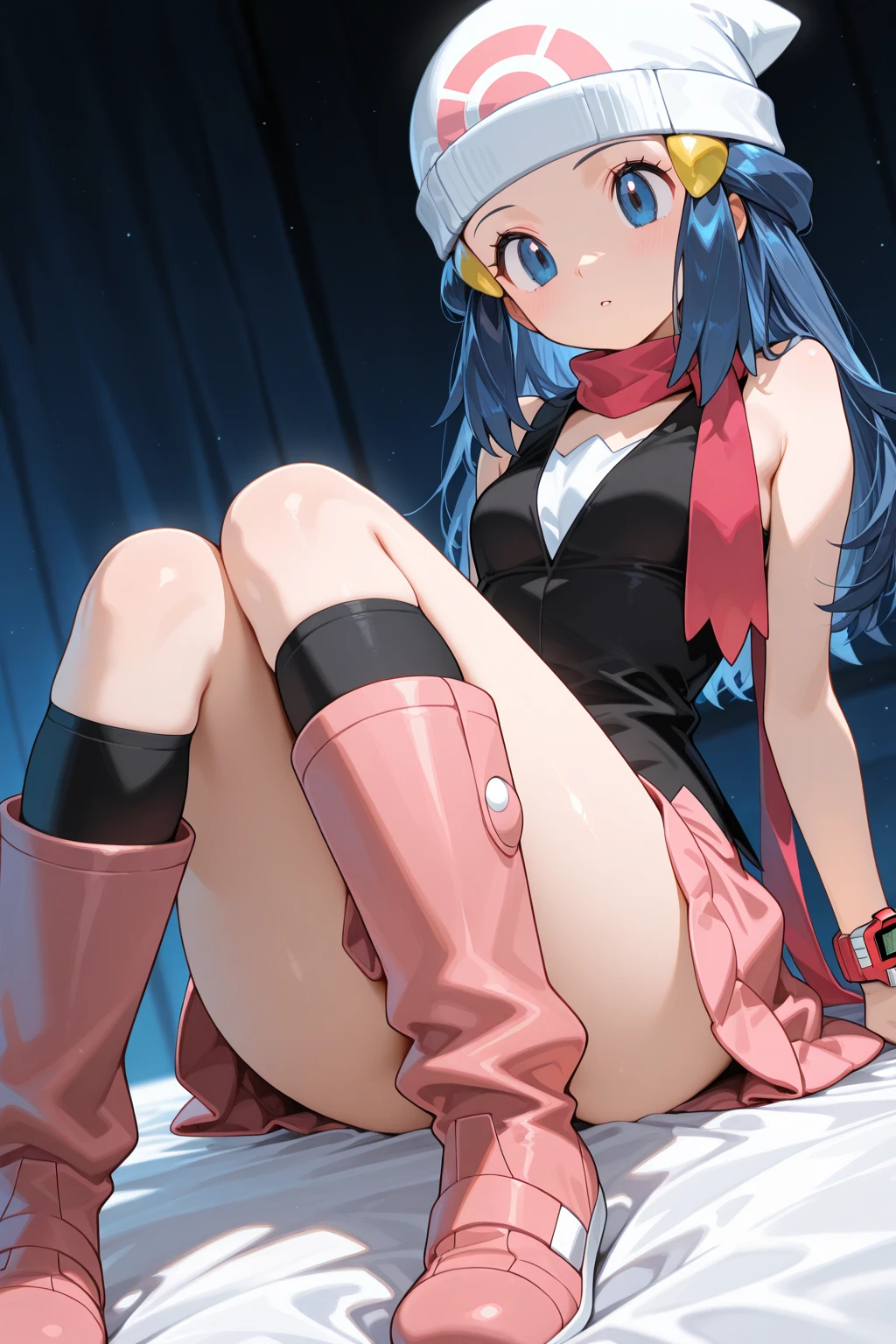 (best quality,4k,8k,highres,masterpiece:1.2), ultra-detailed, realistic:1.37, HDR, studio lighting, vivid colors, bokeh, a girl on the top of a cliff, Hands on knees,beautiful girl,\(pokemon\), beanie, long hair, blue hair, blue eyes, detailed eyes, beautiful eyes, black sleeveless shirt, pink scarf, pink skirt, pink boots, body shape,  thick thighs, belly botton, looking into the abyss, View from below