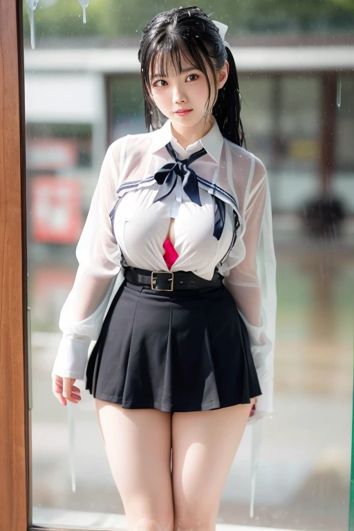((smile))、Confused、RAW Photos、(((The ultimate portrait masterpiece)))、((The cutest girl in the world:1.4))、1 Girl、12 years old、Japanese、Cute face、((Silky Hair))、(A high ponytail tied with a ribbon:1.4)、((Super huge breasts:1.4))、((Eyes that shine like jewels))、Glowing Skin、(young woman;Consisting of a transparent white shirt, Thin ribbon, blazer, Checkered Pleated Skirt.:1.5)、Winter clothes、(Uniforms made from high quality fabrics:1.4)、Ultra-detailed uniforms、(She shyly pulls up her skirt:1.3)、(Elegant lace panties are visible.:1.3)、((Crotch from the front))、Skirt fluttering in the wind、eyeliner、Beautiful Bangs、Hair between the eyes、((solve、High resolution))、Detailed Background、8 QHD、Digital SLR、Soft Light、high solve、Film Grain、Fujifilm XT3、Shallow depth of field、Natural Soft Light、Tight waist,(sometimes upskirt:10%),(Nipples pumping:10% or pussy line pumping:10%),(Get wet from heavy snow:50% or get wet in heavy rain:50%)