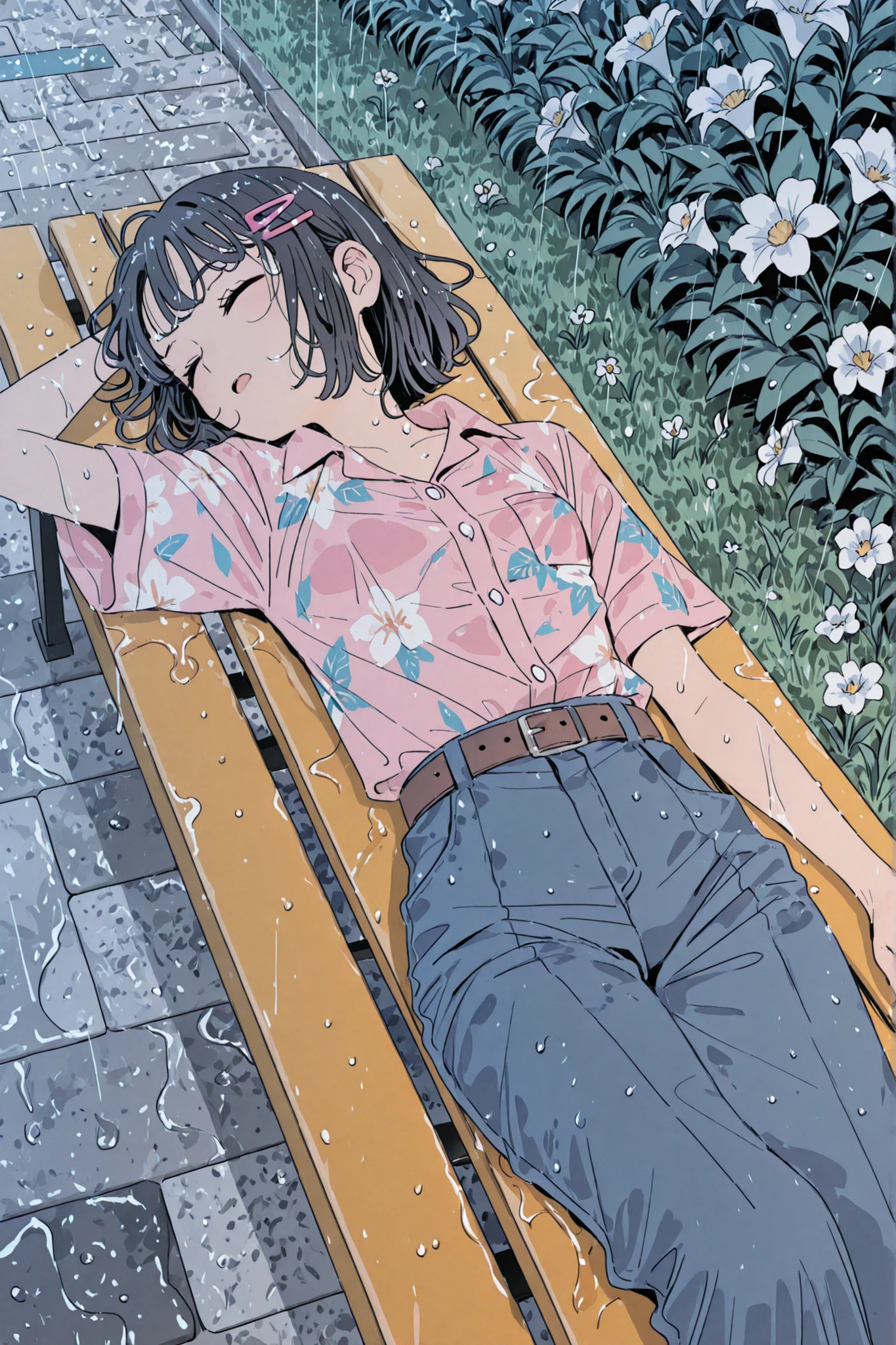 1girl, sleeping, heavy rain, black hair, short hair, forehead, bangs holded by hairclip, pink hairclip, closed eyes, pink shirt, (flower pattern on shirt), white flower print, Hawaiian shirt print, dress shirt, shirt tucked in pants, blue jeans, brown belt, slightly open mouth, small breast, wet clothes, wet hair, evening, dark, grey filter, stone road, grass, outdoors, (laying on the bench), back of the bench, park bench, high angle, best quality,