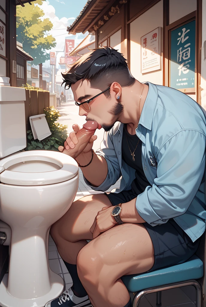 ((A middle-aged man licking a penis that had popped out of a glory hole))、(((Correctly shaped ????? penis))),((((glory hole))))、((Black T-shirt)),pubic hair、((Asian))、Short Hair、((buzzcut))、A little muscular、、((Masculine))、Detailed facial expressionasterpiece),Highest quality,Excellent ???????、、((A dark and suspicious public toilet stall at night))、Overall dark atmosphere、Top view