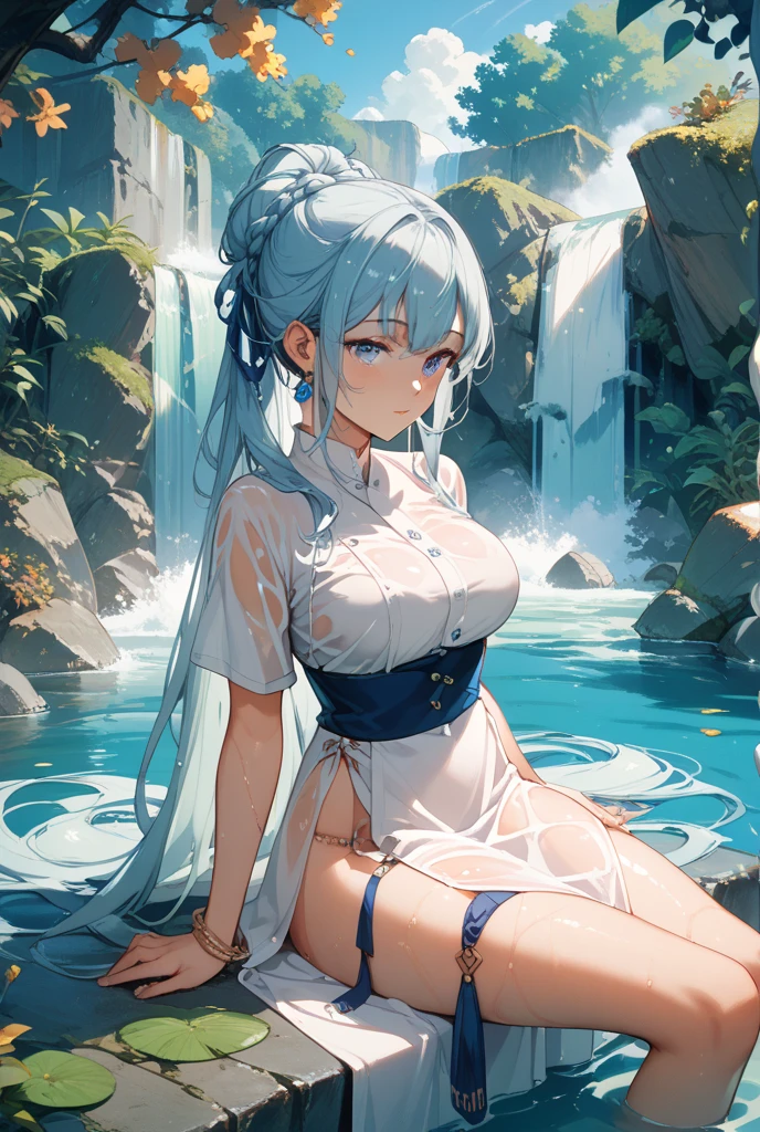 character: A beautiful woman, legendary, fairy, adult, (( white hoodie, innocent, manner)) ((((realistic oil art, 46-year-old Empress, vibrant look, with silver-bluish color hair, modest)), perfect body figure, very big breast, very big ass, beautiful face, milf, royal, shine eyes, blue eyes, ponytail long hair style, beautiful skin, Tachibana Omina art style, affectionate eyes, half a smile, a gentle expression on his face, serene scenery of spring under the snow, snow flake floating around, calm, breeze, sun, lake, reflection, in the background, butterflies in the sky, realism, ((Best quality))),8k,((Masterpiece)),(Extremely refined and beautiful), details: 1girl, masterpiece, extremely detailed, (beautiful detailed glow), lens flare, red flare lens, sun flare, clouds, backlighting, (blue sky) , light from behind, shadow on the figure, sparkling light , standing in the distance, looking at the viewer, full-length , elegance under the sun, hair ornament, movement motion, image look alive, Extremely details hair, fine details, cinematic lighting, beautiful lighting effect, creative design, full body frame, divine aura, hard harmony , sun light, perfect color transition, perfect balance of contrast, perfect color layer, perfectly smooth color blur, soft rendering, smooth color stroke, light glare, optic lens, light ray, soft colors, smooth colors blend, perfect color rendering, harmony, perfect color harmony, beautiful color, soft harmony, light particles, perfect details, intricate details, color prism, fine details, refine details, different view point)))