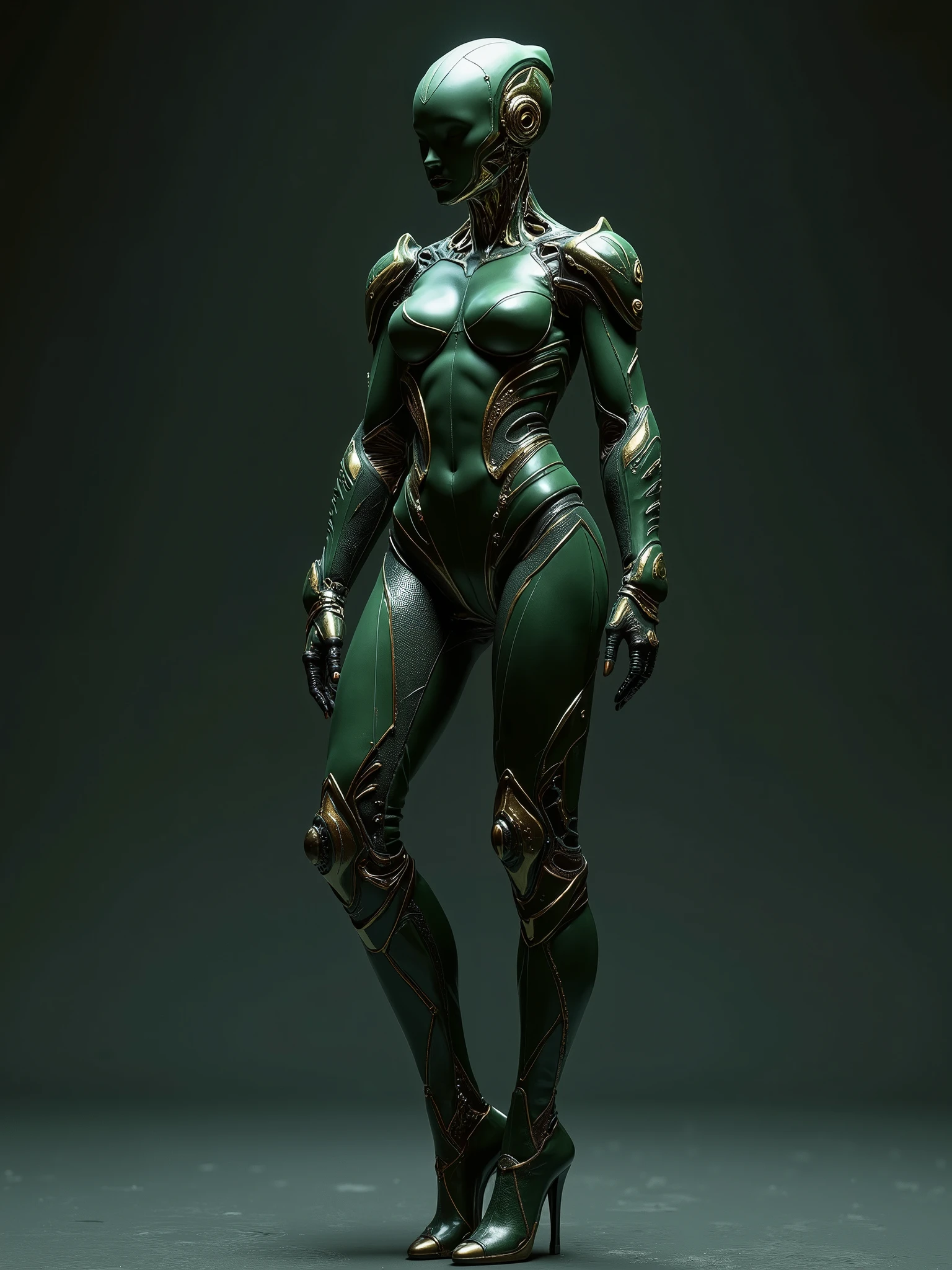 full view photo real.   robot woman in dark green and black armor  wearing  thigh high boots with 8 inch heels.  with a dark background