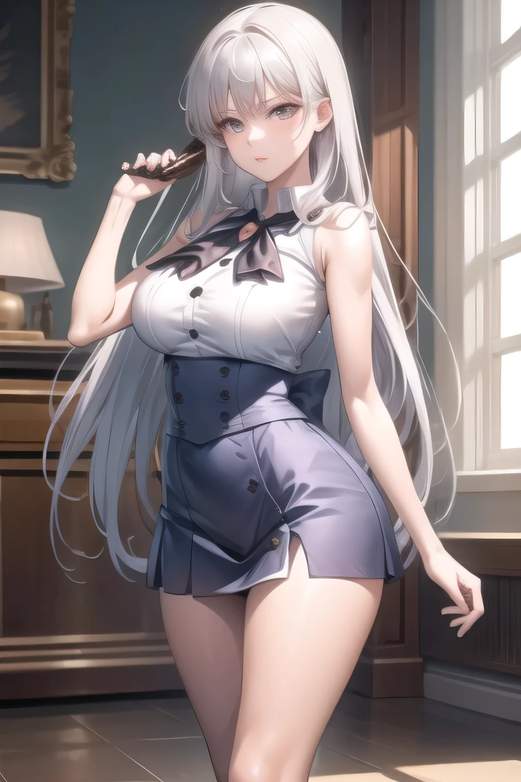 A woman with silver hair, wearing an oil blue dress, long hair, eyes closed, bow in her hair, ponytail hair, sophisticated dress, in a music room, smiling, body postured upright, black heels, big breasts,,UHD , prime work , accurate , anatomically correct , textured skin , super details , high quality , best quality, 8k, high resolution, bokeh effect. (woman alone)
