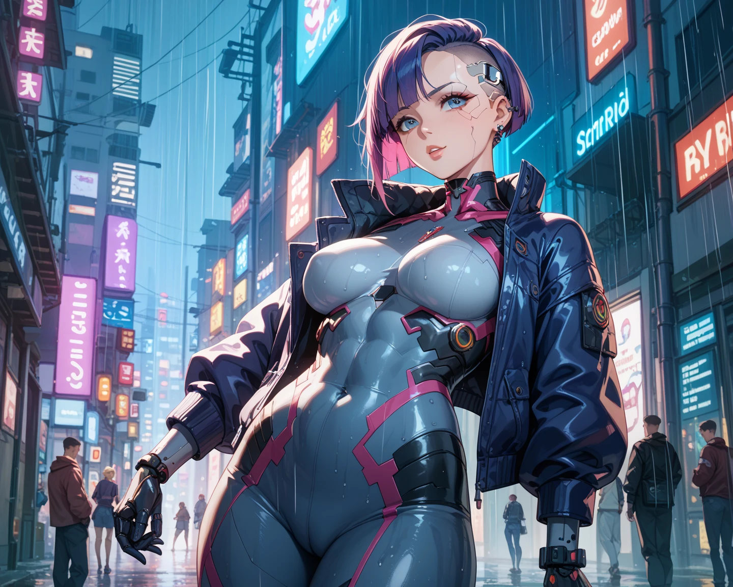 girl robot,(Invisible face,silver female robot,metallic shining body,heroic, (detailed eyes),lustrous lips,(Glossy hair),beautiful hair,(shiny skin),dyed cheeks,thin waist legs,thighs,(shine),((mechanical arms,mechanical legs,mechanical breasts,mechanical legs)),warframe,liquid metal girl,(((purple_eyes:1.3))),eyes without pupils,symmetrical eyes,big eyes:1.5,details eyes,(spider lower abdomen,narrow waist,wide hip,imbo body,inflated legs, thick thighs,detailed body,(detailed face)),((Wild Spike Saiyan:1.5,(lavender color hair))),(large breasts:1.4),
cute,slutty,seductive,erotic,(((nsfw))),
((scars in both eyes:1.5, scars in the skin:1.5)),shiny clothes,((thigh high cut:1.5, bare thighs:1)),((huge mechanical ring in the neck)),((mechanic thong:1.5),((huge earrings with LED lights:1.2)),((machine-made joints: 1.4)), ((mechanical limbs:1.2)),((mechanical parts:1.4)),(mechanization:1.2, future),(wires and cables attached to the head and body: 1.5),(show skin:1.3)
((wet clothes,intricate outfit,intricate clothes)),
(dynamic pose:1.0),solo focus,embarrassed,(centered,scale to fit dimensions,Rule of thirds),
cyberpunk city by the ocean at night, with bright neon signs and dark stormy clouds and puddles, scenery:1.25,nighttime, starry night, cosmos,Very dark night that makes the neon lights stand out, very bright neon lights,nighttime, starry night, cosmos,
artistic photography,(photography taken by sldr),highres, sharp focus,(ultra detailed, extremely detailed), (photorealistic artwork:1.37),(extremely detailed CG unity 8k wallpaper),((synthwave background theme)),(((vibrant colors))),intricate,(intricate background),(masterpiece),(best quality),perfect rendered face,perfect face details,realistic face,photo realistic,analog style,((intricate detail)),(((realism))),
